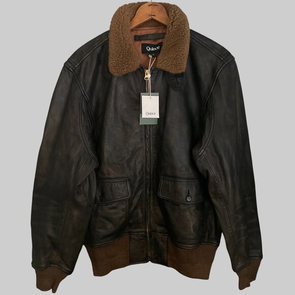 NWT Quince Shearling Collar Leather Flight Jacket Mens L Rich Brown - Picture 9 of 16